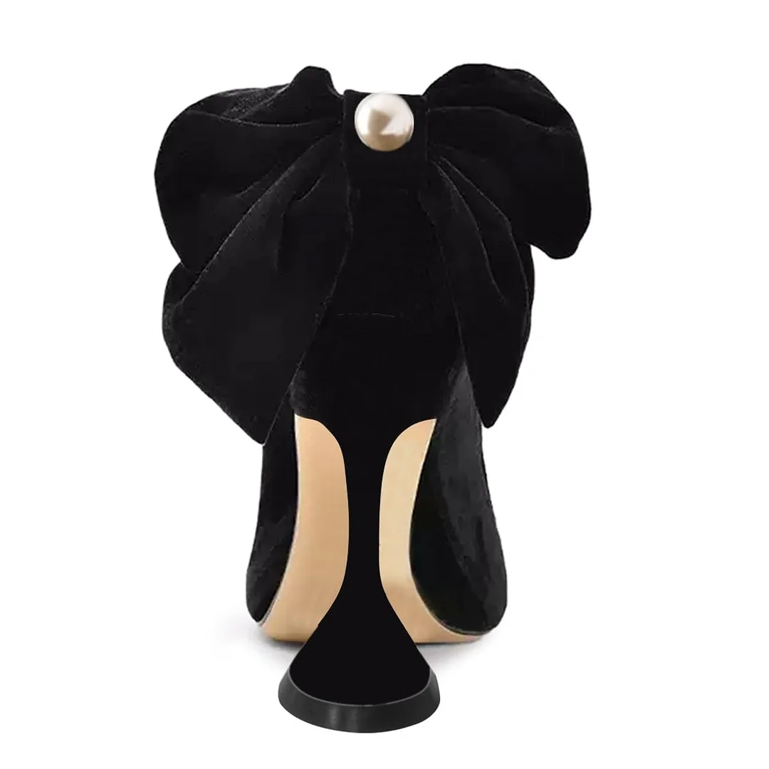 Velvet Pointed Toe Back Bow Flared Heel Black Pumps for Women