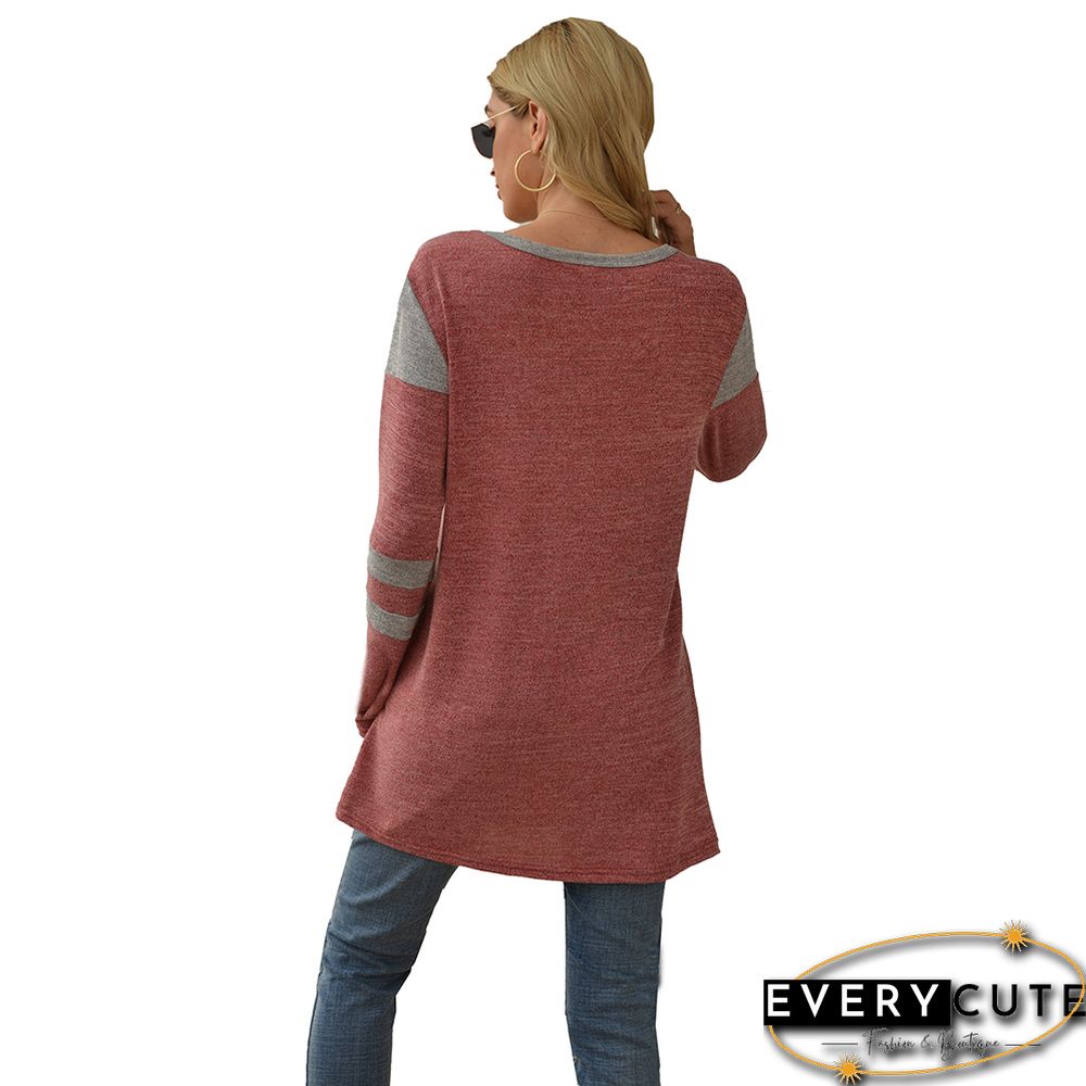 Red Colorblock Round Neck Long Sleeve Tops