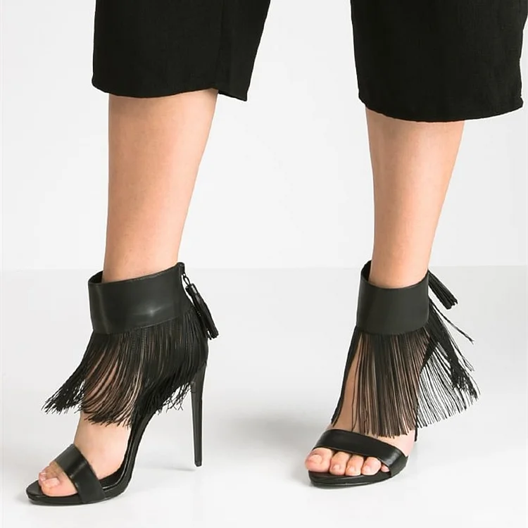 Black Fringe Sandals Stiletto Heel Ankle Strap Sandals |FSJ Shoes