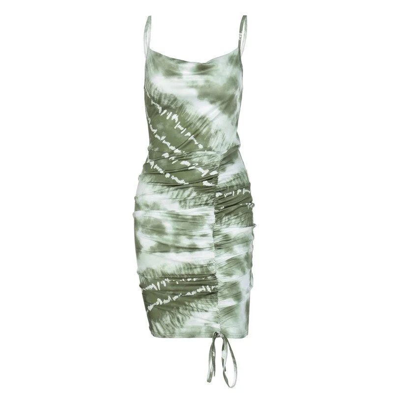 Sexy Tie Dye PrintMini Dress V-Neck Sleeveless Green  Summer Women Fashion Streetwear Outfits Ruched Bandage Drawstring Sundress