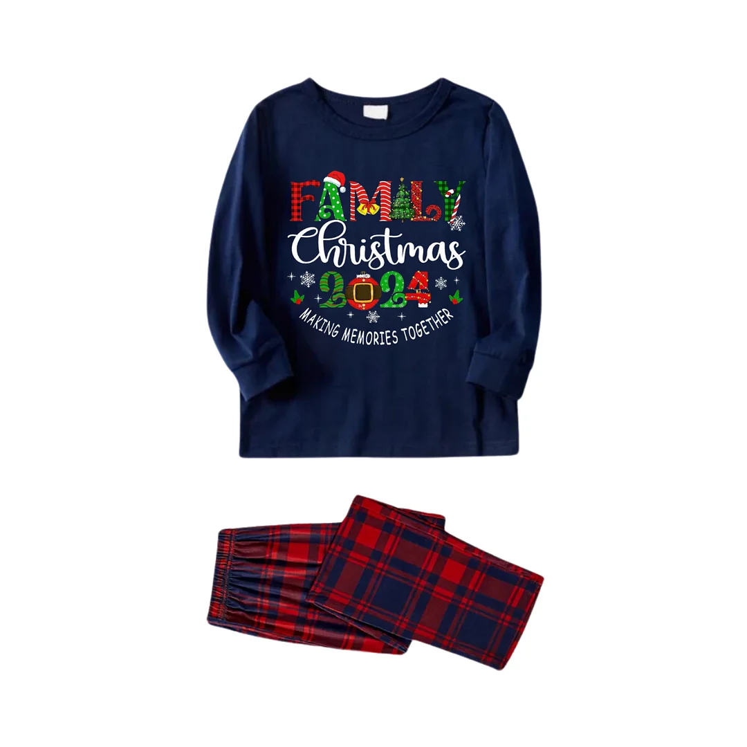 Cute "Family Christmas 2024" Text Prints Blue Long Sleeves Top with Red and Blue Plaid Pants Christmas Matching Pajamas