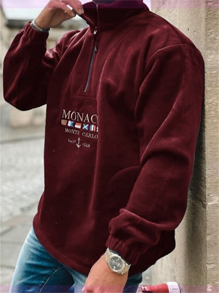 Padded Stand-up Collar Letters Embroidery Long Sleeve Thickened Loose Pullover Casual Men's Zipper Shaker Sweater