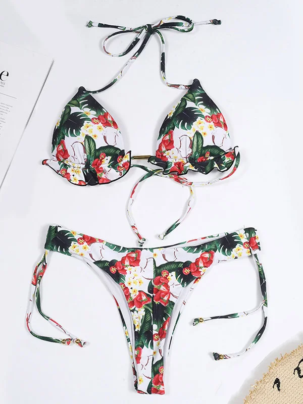 Halterneck Backless Triangles Tie Side Bikini Swimwear