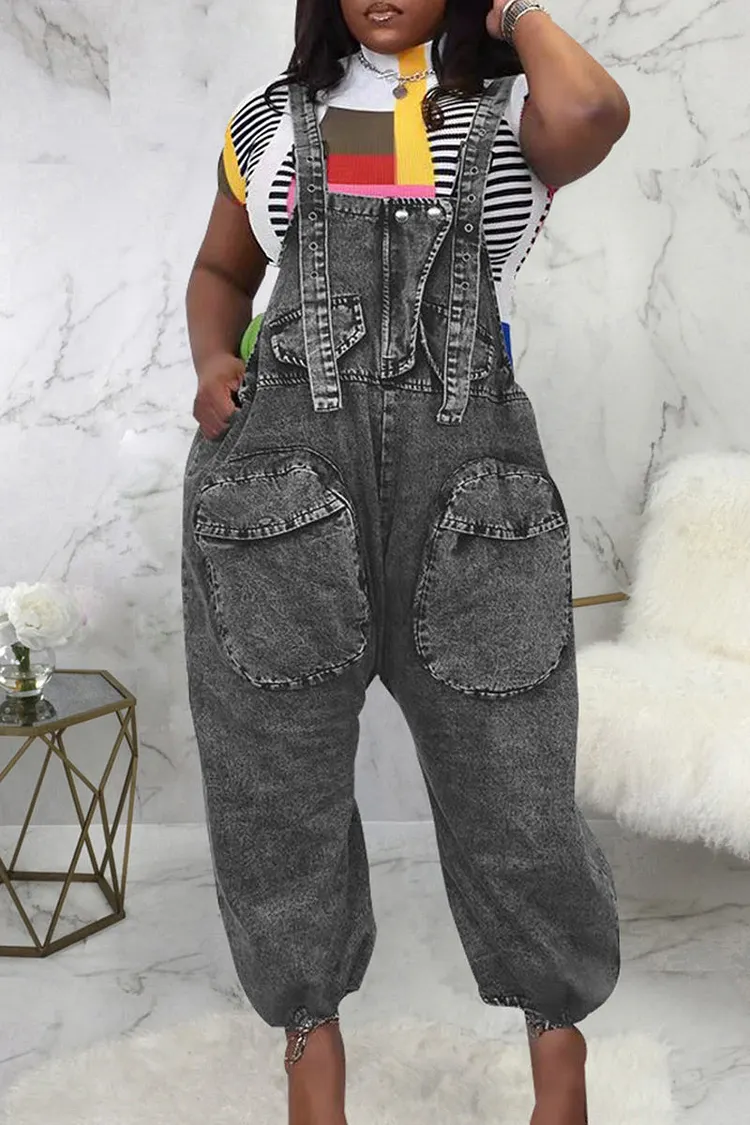 Casual Solid Patchwork Pocket Buttons Sleeveless High Waist Loose Denim Jumpsuits