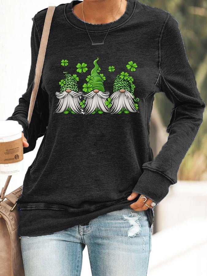 Women's St Patrick's Day Gnome Clover Print Casual Sweatshirt socialshop