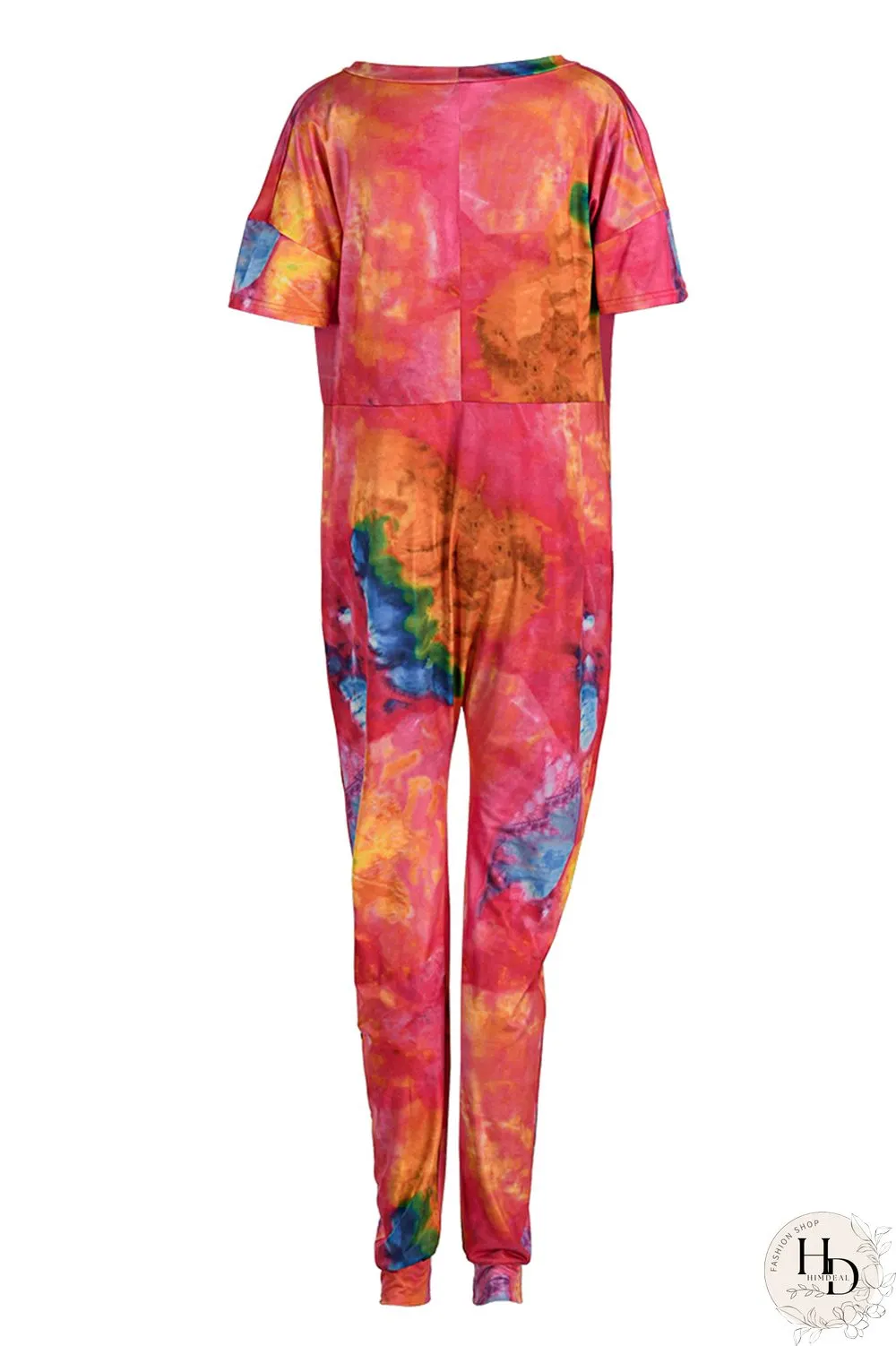 Red Fashion Casual Print Tie-dye V Neck Loose Jumpsuits