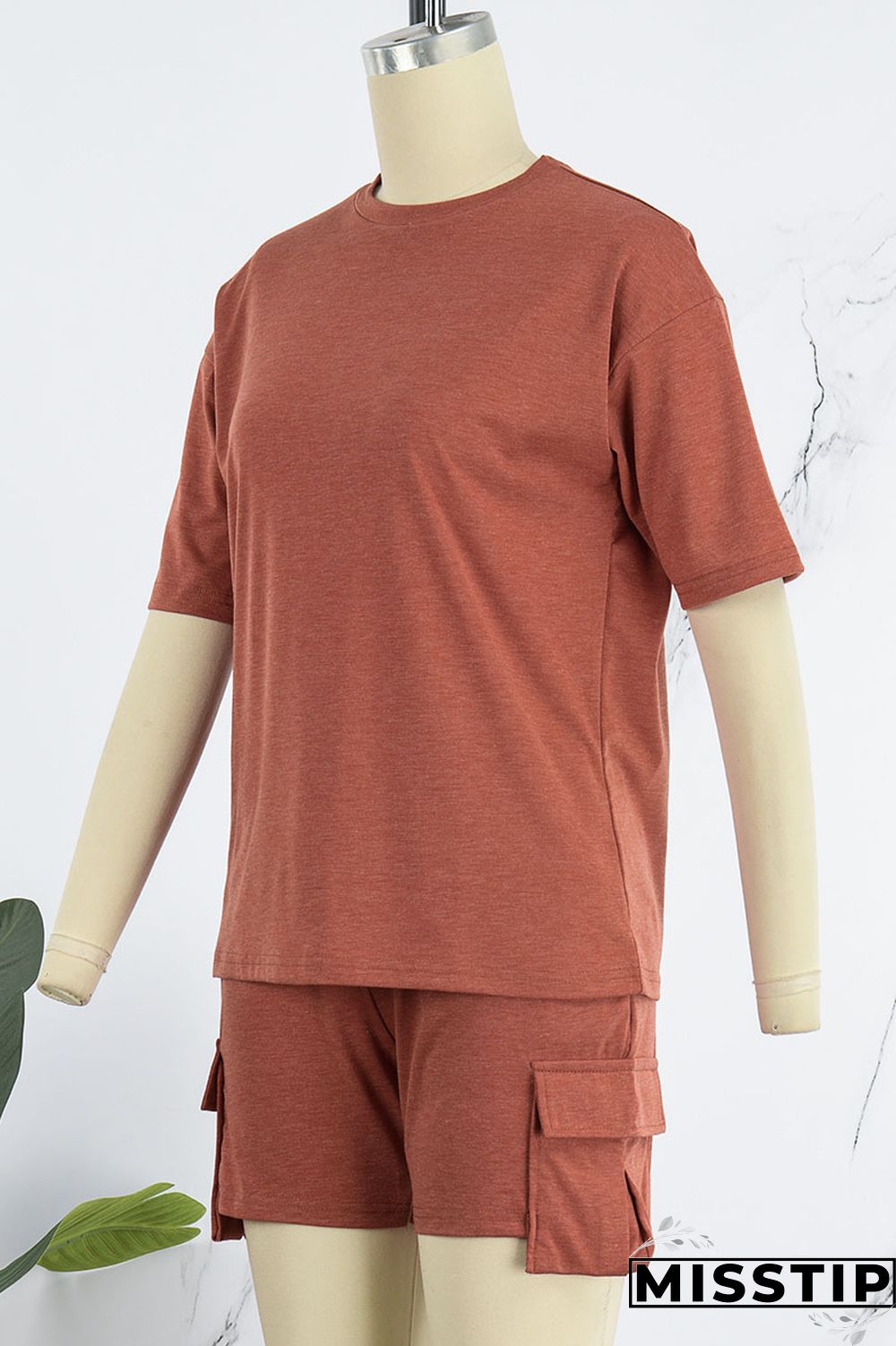 Orange Red Casual Solid Patchwork O Neck Short Sleeve Two Pieces