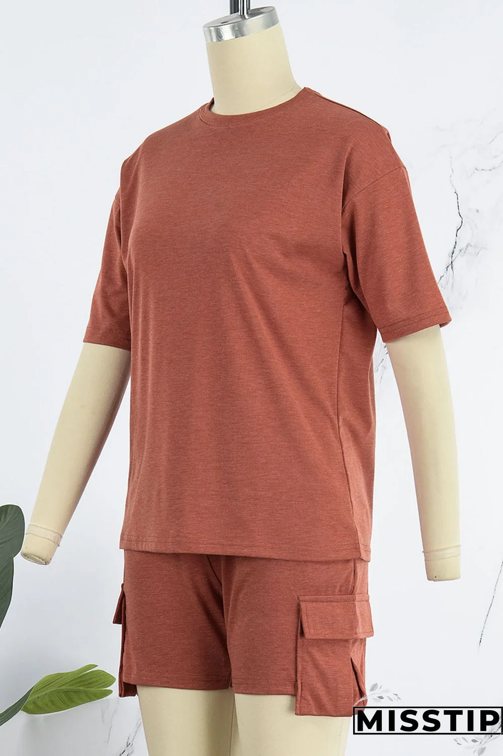 Orange Red Casual Solid Patchwork O Neck Short Sleeve Two Pieces