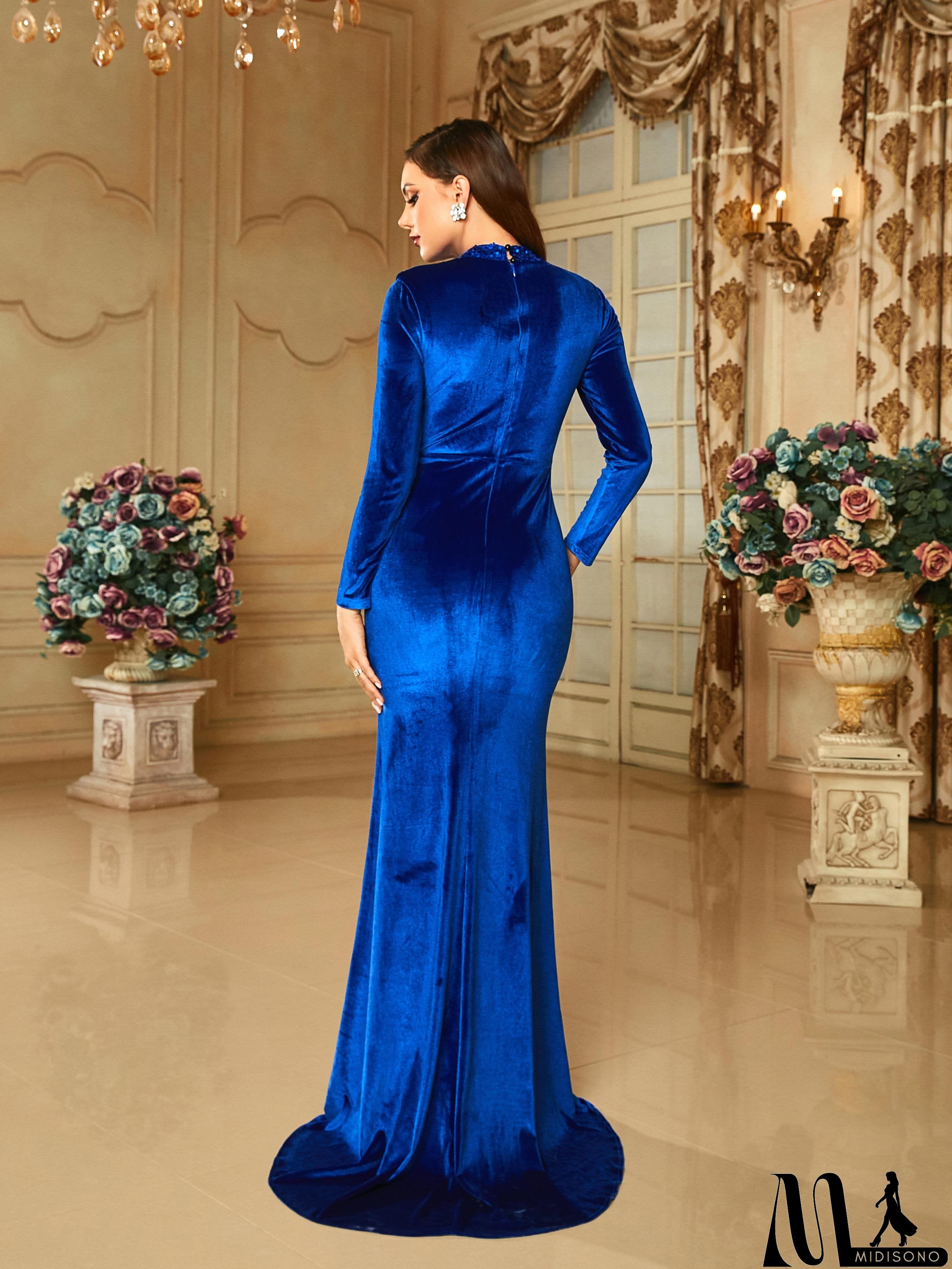 MidiSono - Stand Collar Split Mermaid Pleated Long Sleeve Prom Dress RM20654