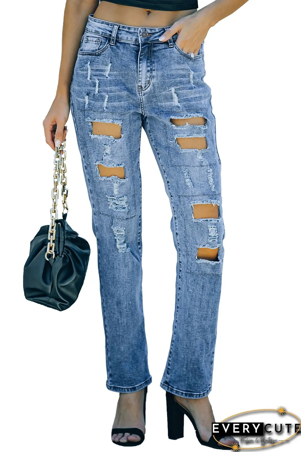 Sky Blue Buttoned Pockets Distressed Jeans