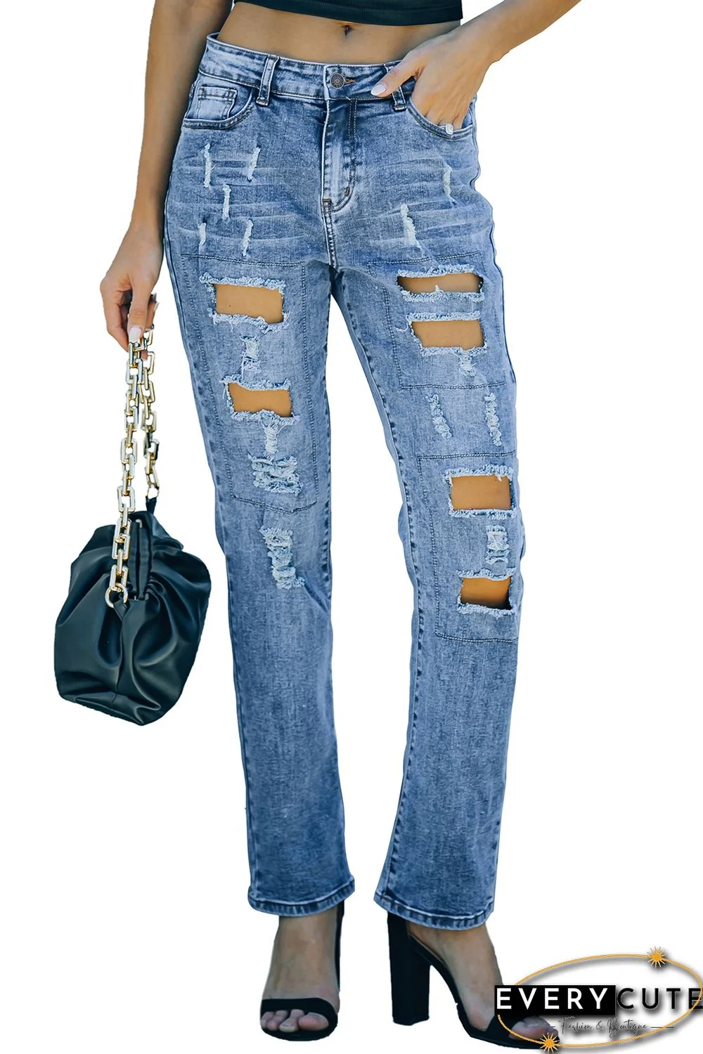 Sky Blue Buttoned Pockets Distressed Jeans