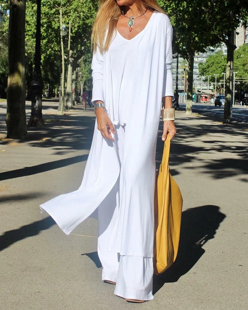 Solid Color Cardigan & V-Neck Sling Top & Casual Trousers Three Piece Set