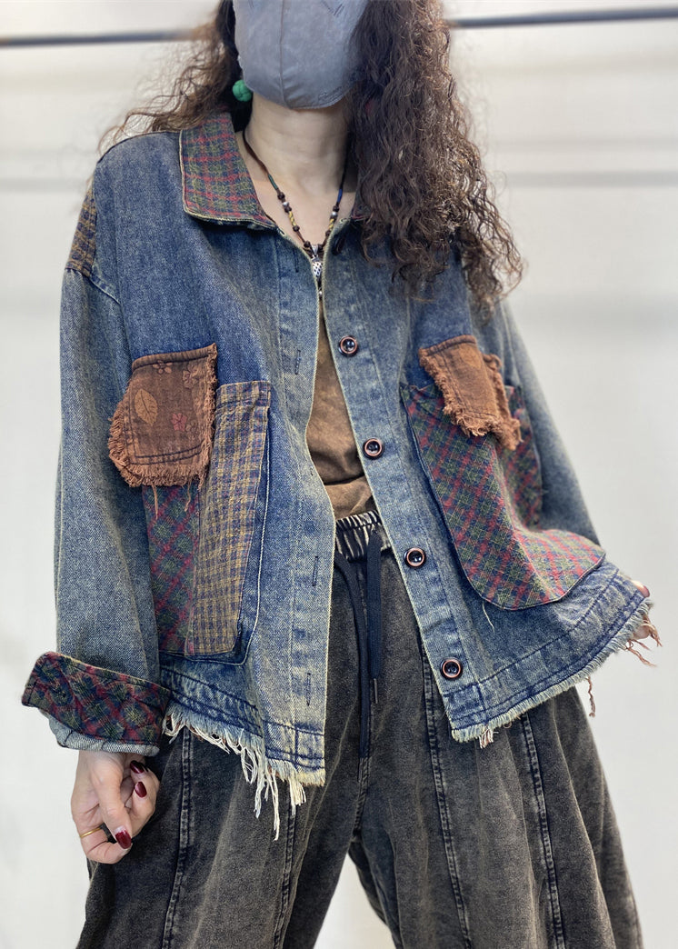 VCSHOES Loose Blue Button Pockets Patchwork Denim Coats Fall