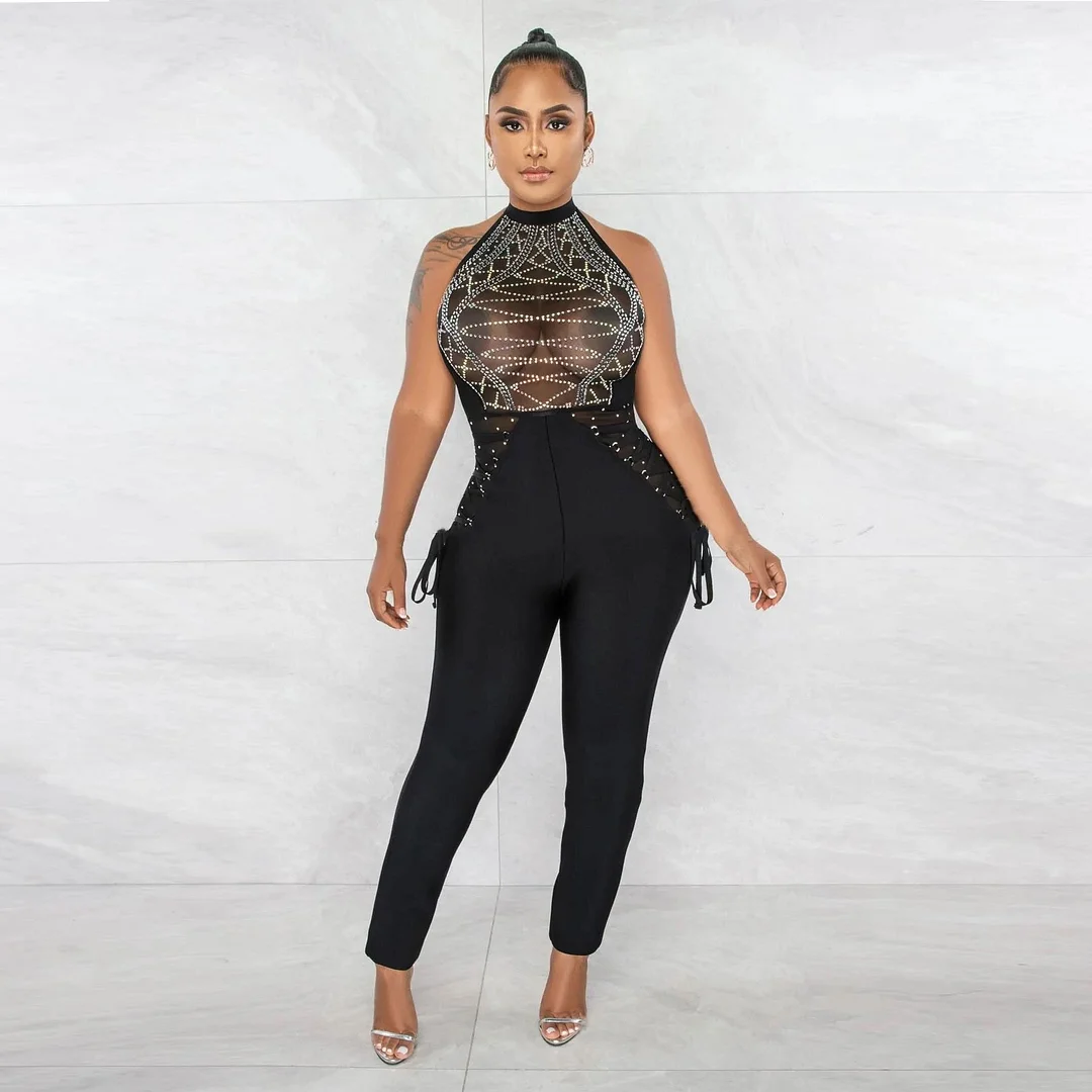Club Party Wear Hot Drill Bandage Jumpsuit Skinny Bodysuits Club  Overalls Romper Jumpsuits Elegant Clothing Street
