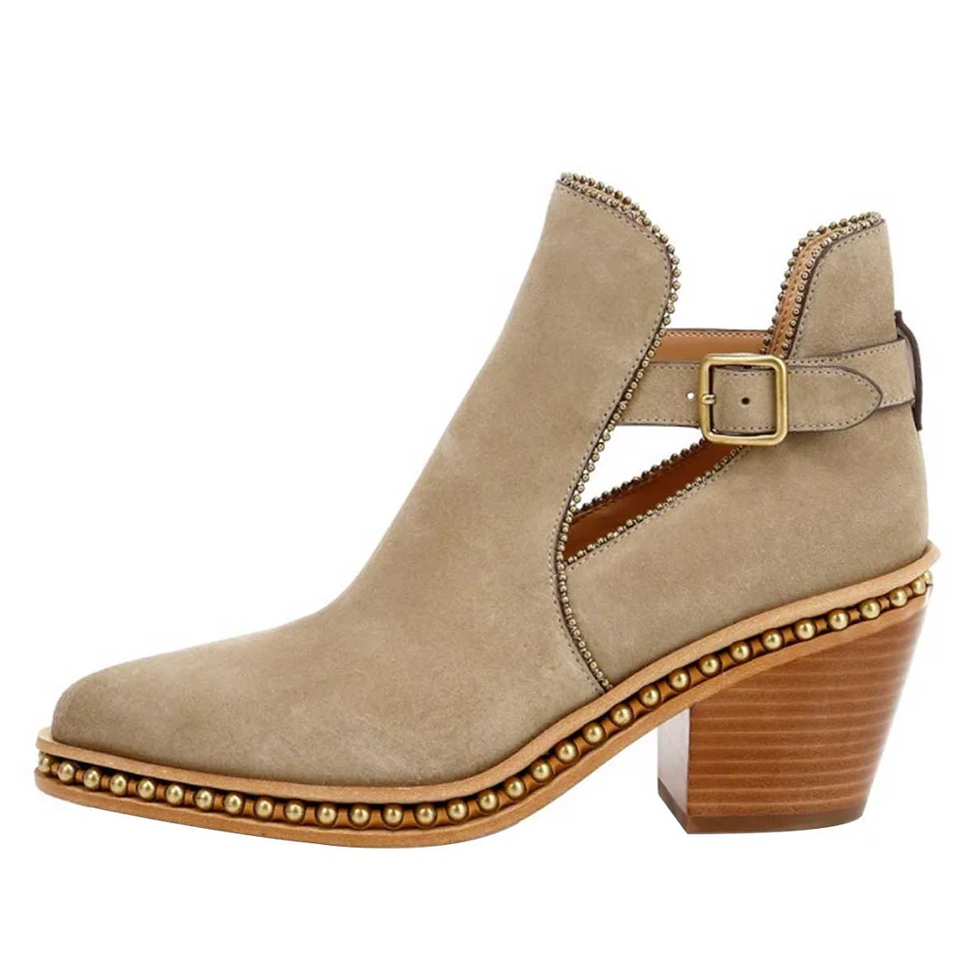 Beige Vegan Suede Studded Stacked Heel Buckle Short Boots for Women