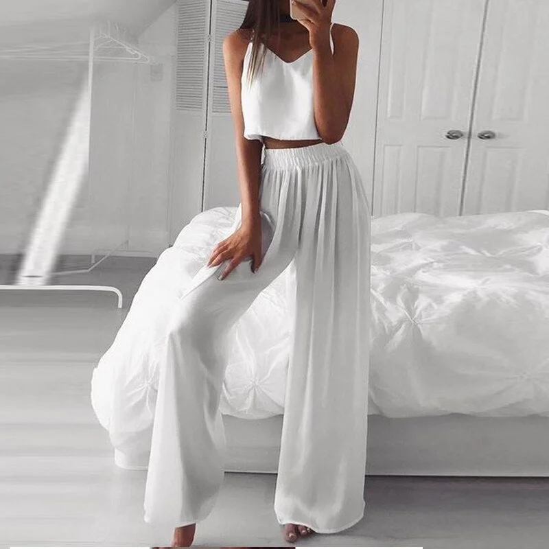 Women Sexy Sleeveless Backless Homewear Two Piece Set Summer Fashion Elegant Straps Top And Wide Leg Pants Suit Outfit Plus Size