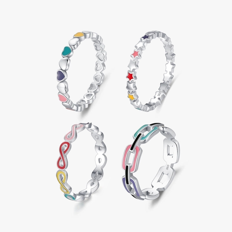 Rhodium Plated 925 Sterling Silver Geometric Star Heart Shape Rings