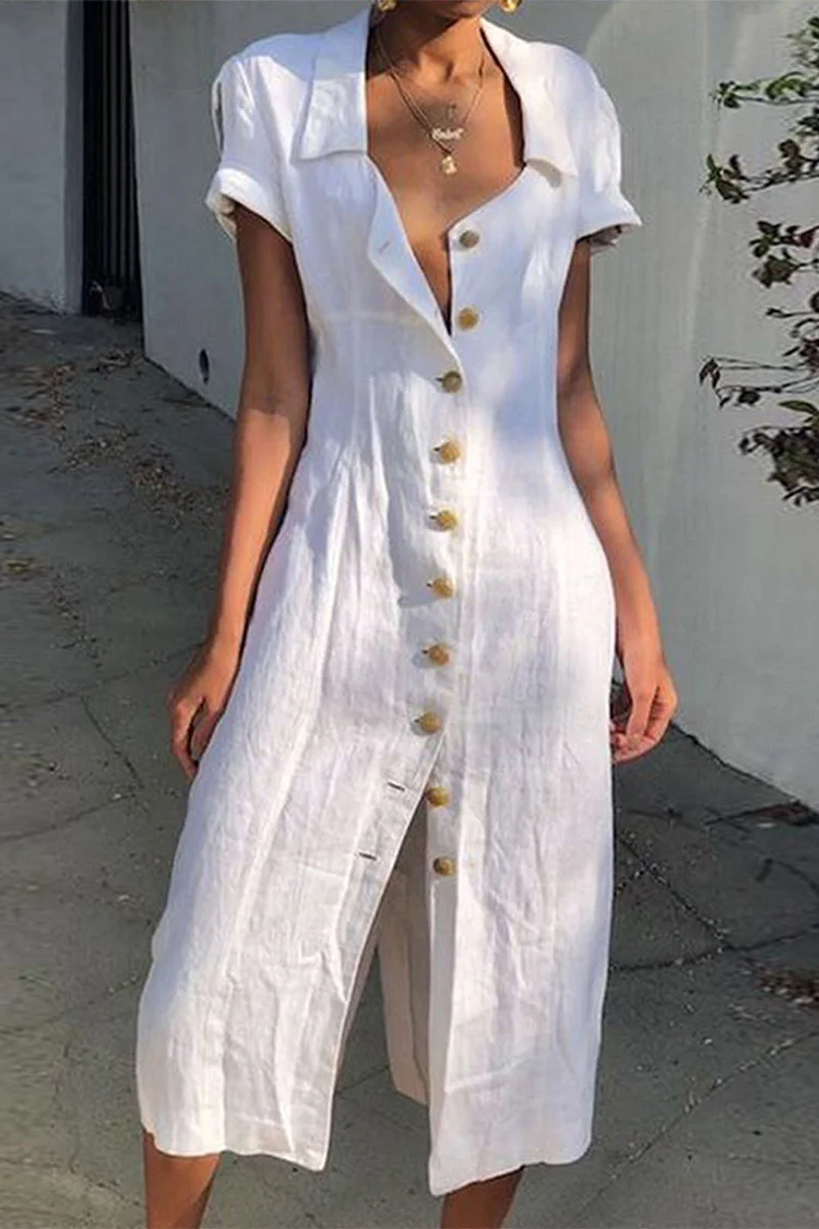 Casual Simplicity Solid Buckle Turndown Collar Shirt Dress Dresses
