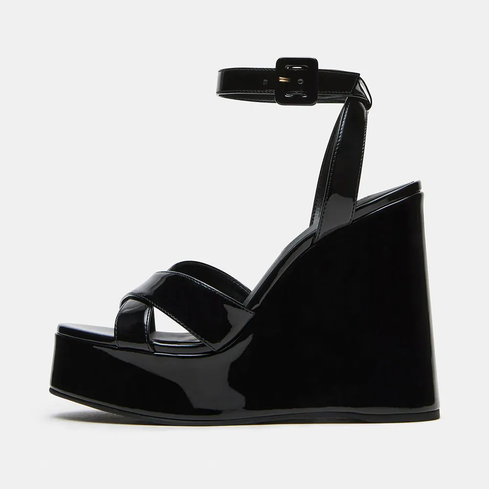 Black Patent Leather Ankle Strap Open Toe Platform Wedge Sandals