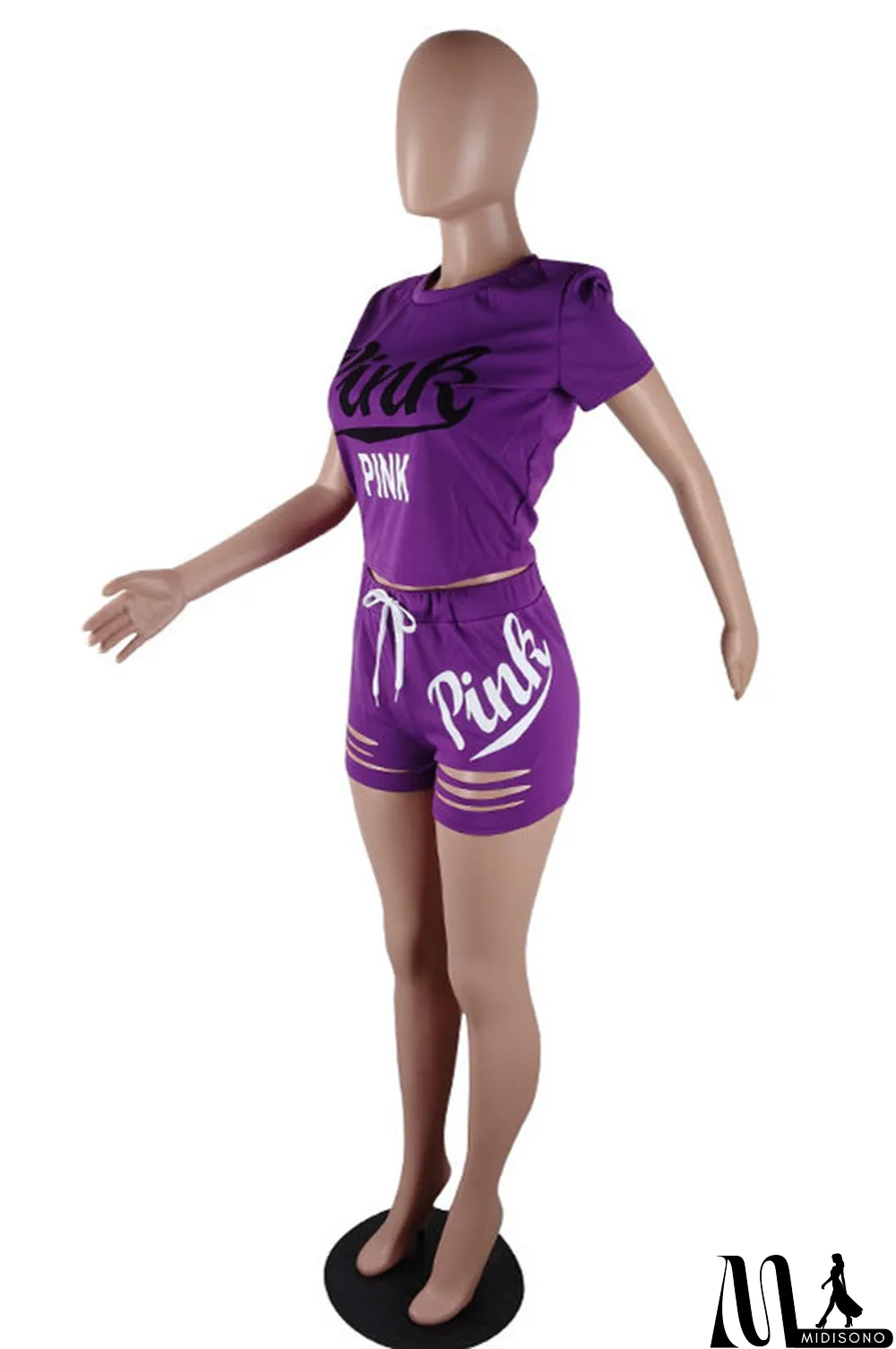 MidiSono - Pink Fashion Casual Letter Print Ripped O Neck Short Sleeve Two Pieces