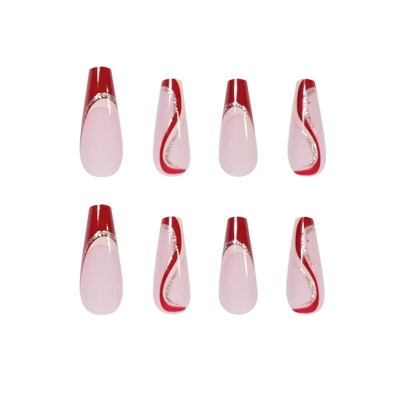 24pcs/Set Coffin Fake Nails Long Mixed Wine Red Wavy French False Nails Detachable Full Nail Accessory Art Tips Manicure Tools 515-1-Nail Inspo
