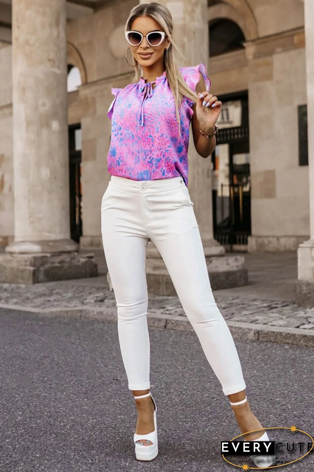 Purple Lace up Ruffle Leopard Print Top