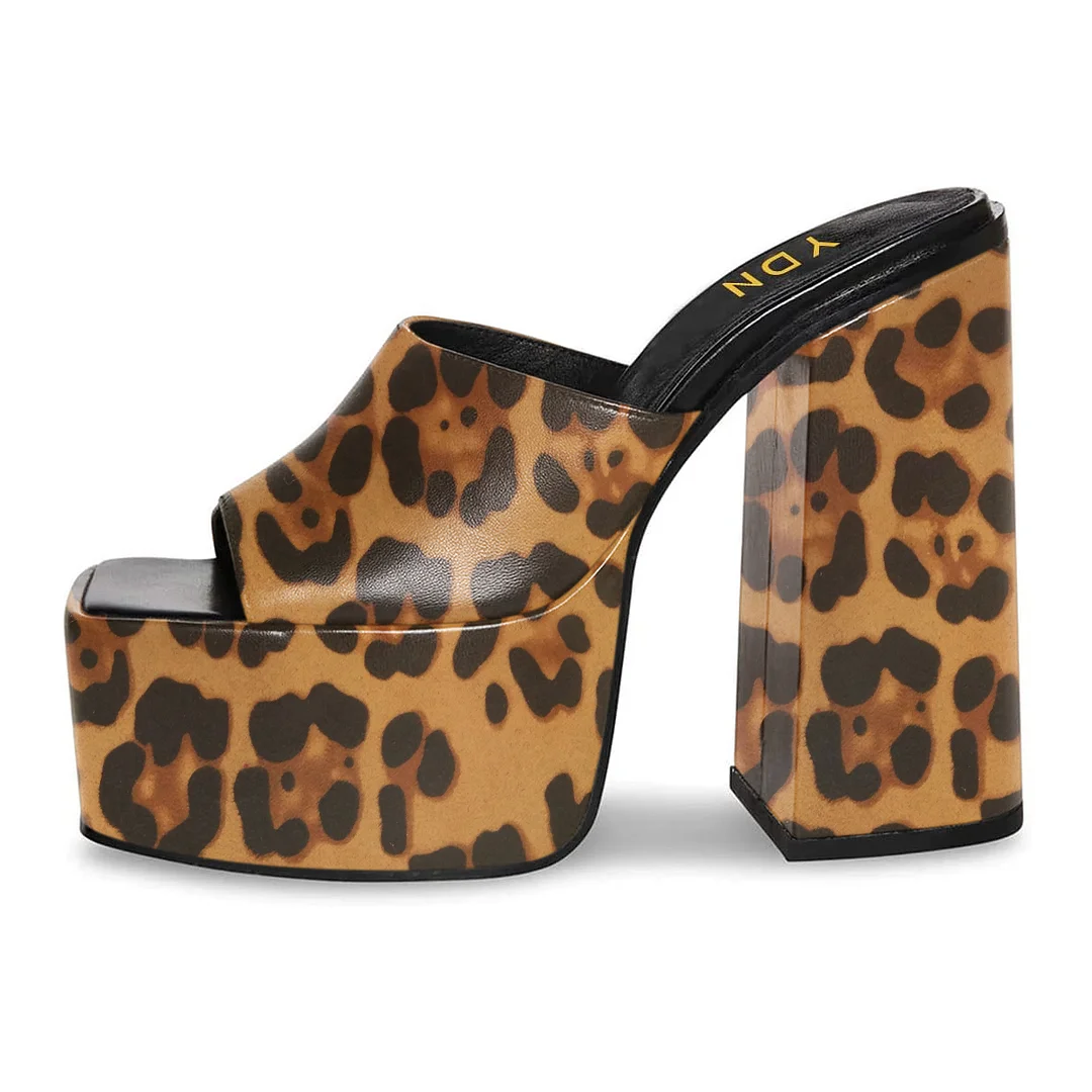Leopard Printed Vegan Leather Square Toe Wide Band Heel Platform Mules