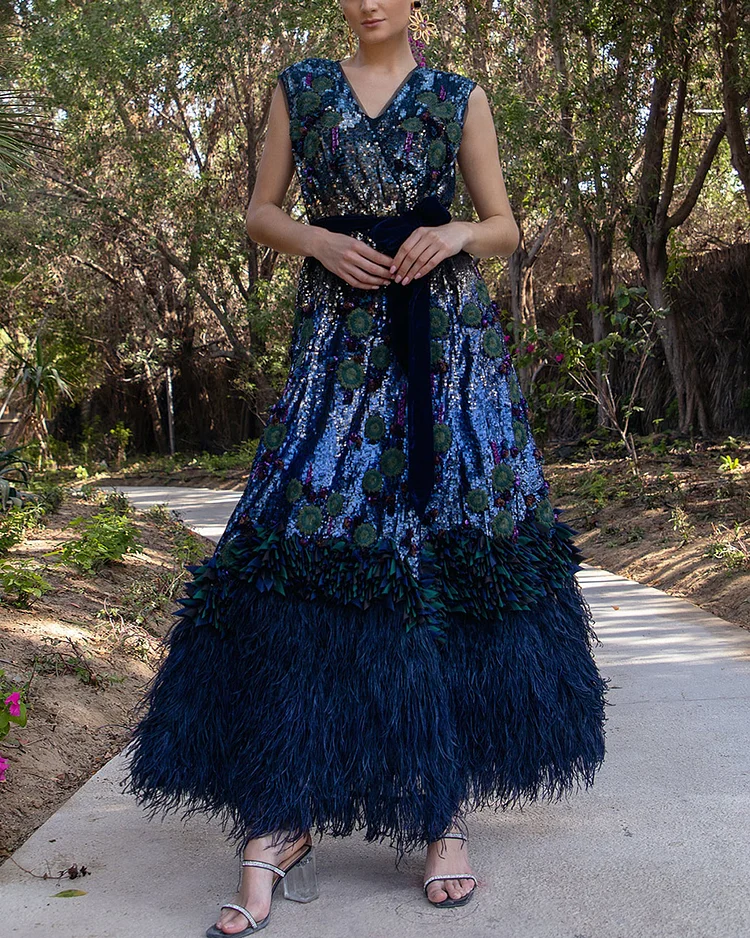 Delicate Sequin Appliquéd Feather Gown