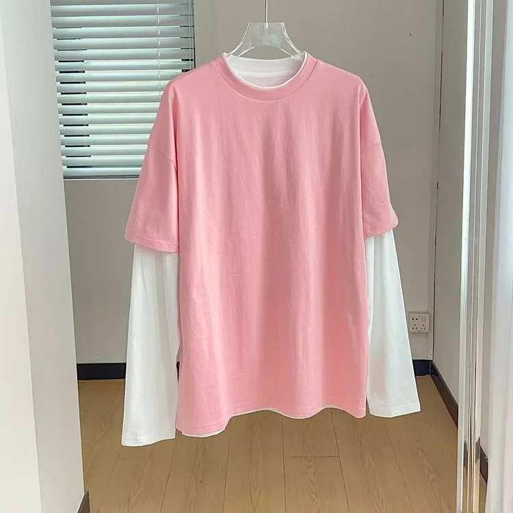 Spring Autumn New All-match Patchwork Fake Two Pieces Long Sleeve T-Shirts Normcore Top Tee Casual Simplicity Pullover T-Shirts