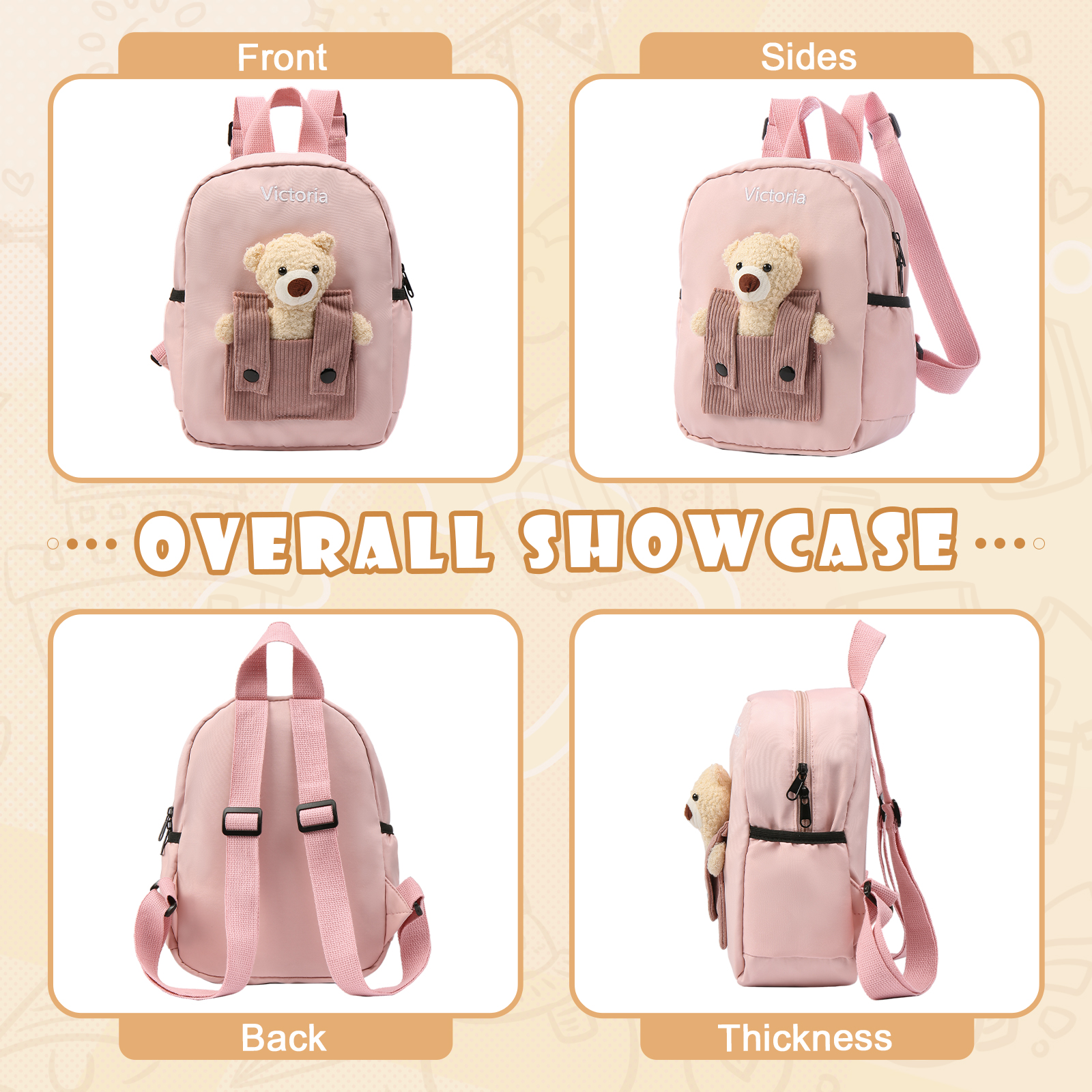 Personalised Bear School Bag Custom Name Canvas Backpack Back To School Gift for Kids-Jessemade AU