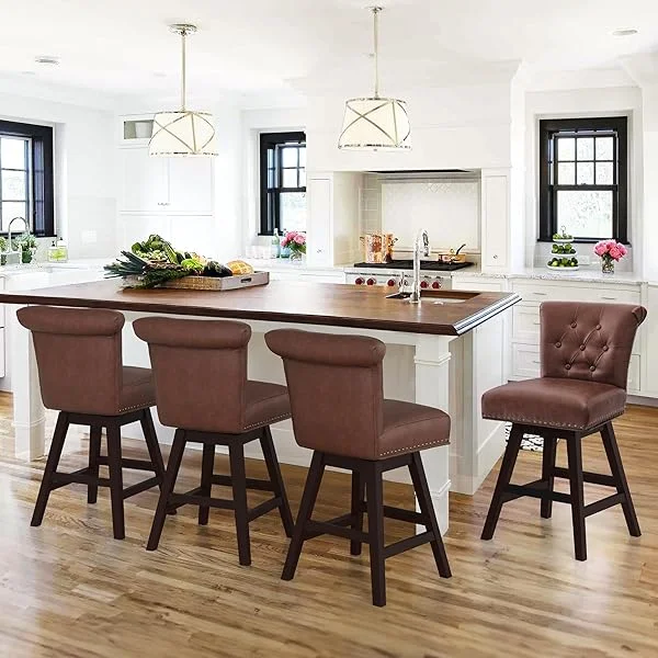 Counter Height Bar Stool, 26 Inch Swivel Bar Stools with Back, Faux Leather Counter Stools with Footrest, Retro Upholstered Barstools for Kitchen Island, Dark Brown 1PCS Dark Brown
