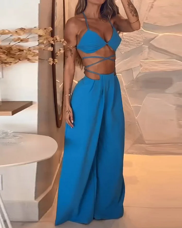 Sleeveless tie solid color two piece suit