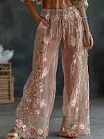 Women's Spring Floral Embroidered Art Print Flowy Linen Blend Casual Pants