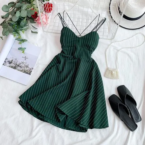 FTLZZ 2020 New Women Sexy V-neck Backless Spaghetti Strap Dress Summer Striped Slim A-line Ladies Sandy Beach Clothes