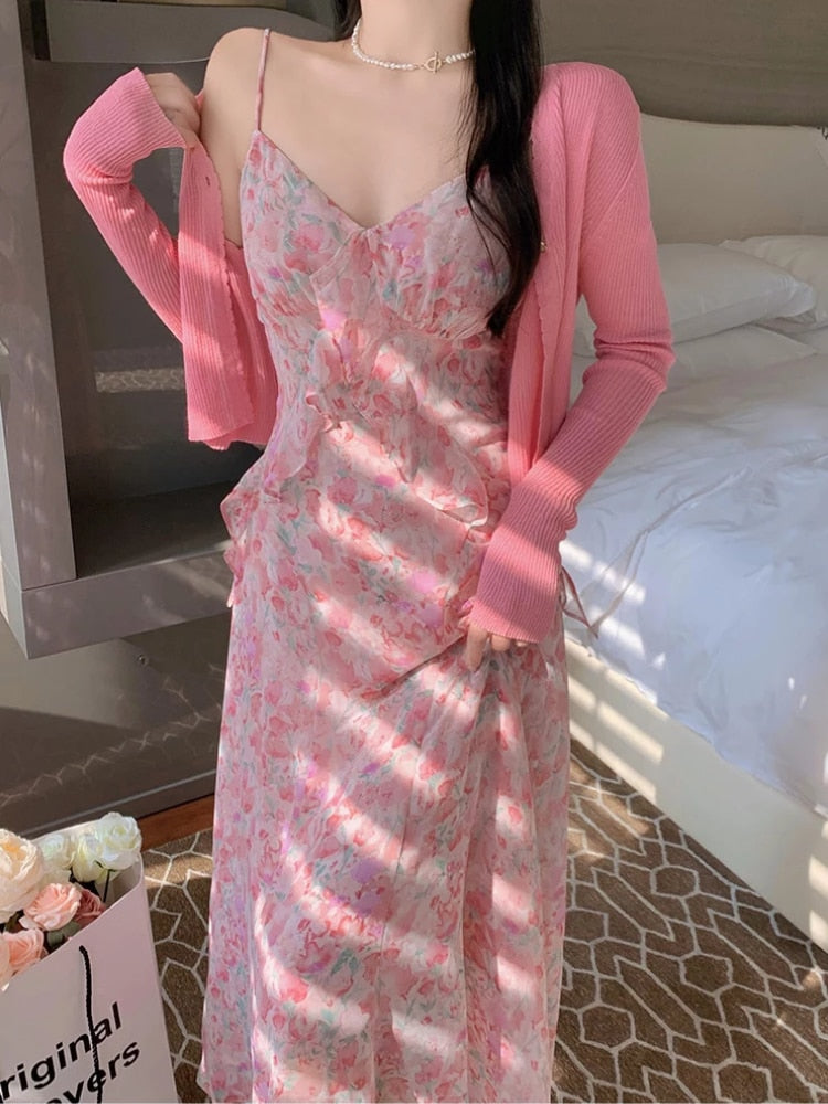 Sexy Strap Floral Midi Dress New Ruffles Elegant Sweet Party Dresses Knitted Cardigan Female Summer Fashion Vestidos LANFUBEISI