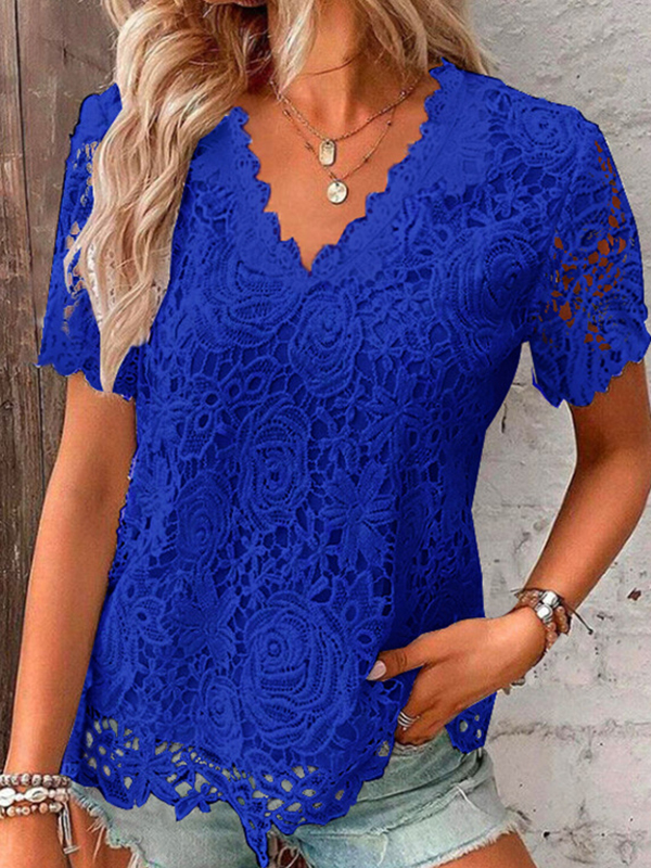 Split-Joint Solid Color Hollow Embroidered Short Sleeves Plus Size V-Neck T-Shirts Tops BLUE-XL