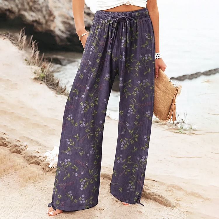 Utbros Bohemian Holiday Floral Print Linen Long Loose Wide-leg Pants