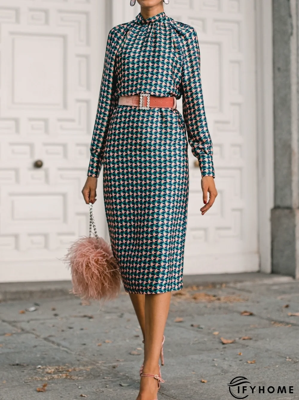 Fall Formal Long Sleeve Stand Collar A-Line Elegant Lady Dresses | IFYHOME