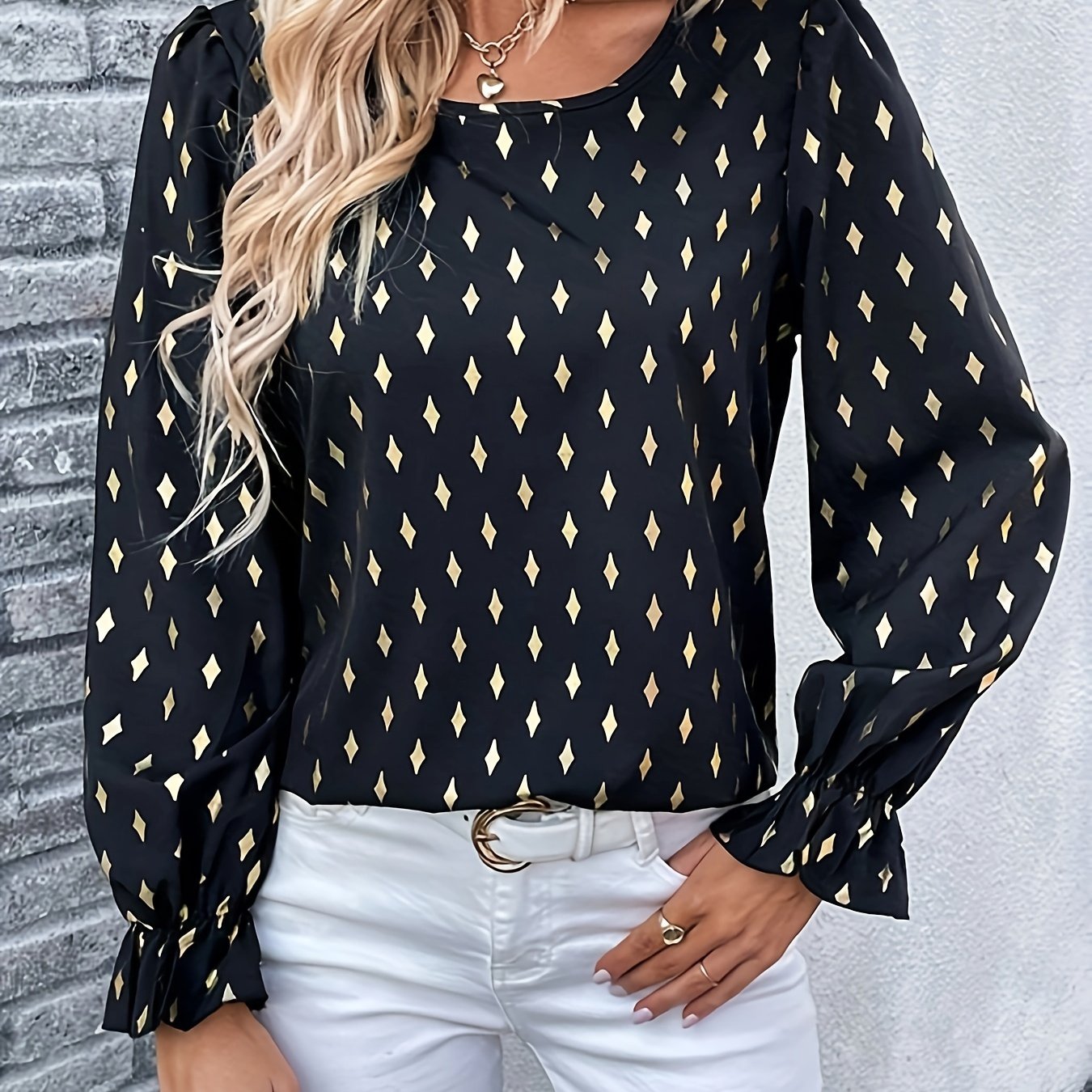 Geometric Print Crew Neck Blouse, Elegant Long Sleeve Blouse For Spring & Fall, Women's Clothing