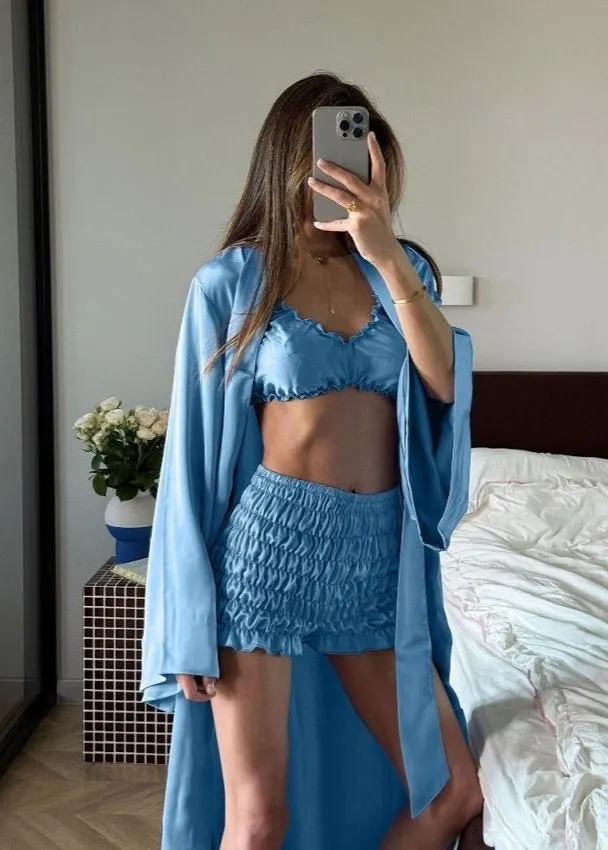 Satin 3-Piece Loungewear Set &ndash; Bralette, High-Waist Shorts & Long Robe