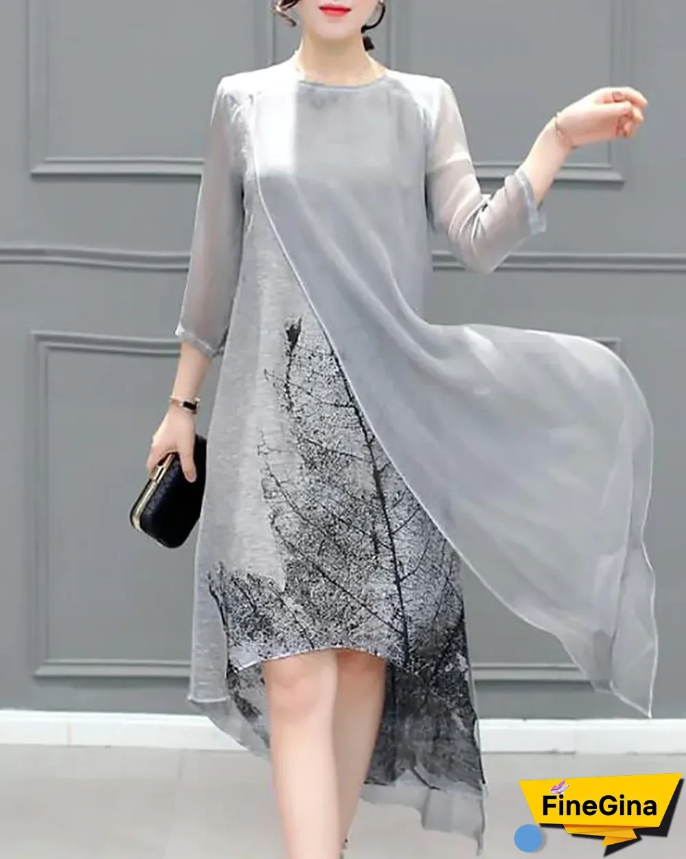 Women's Chiffon Dress Knee Length Dress - 3/4 Length Sleeve Print Layered Summer Plus Size Hot Going out Gray S M L XL XXL 3XL 4XL 5XL