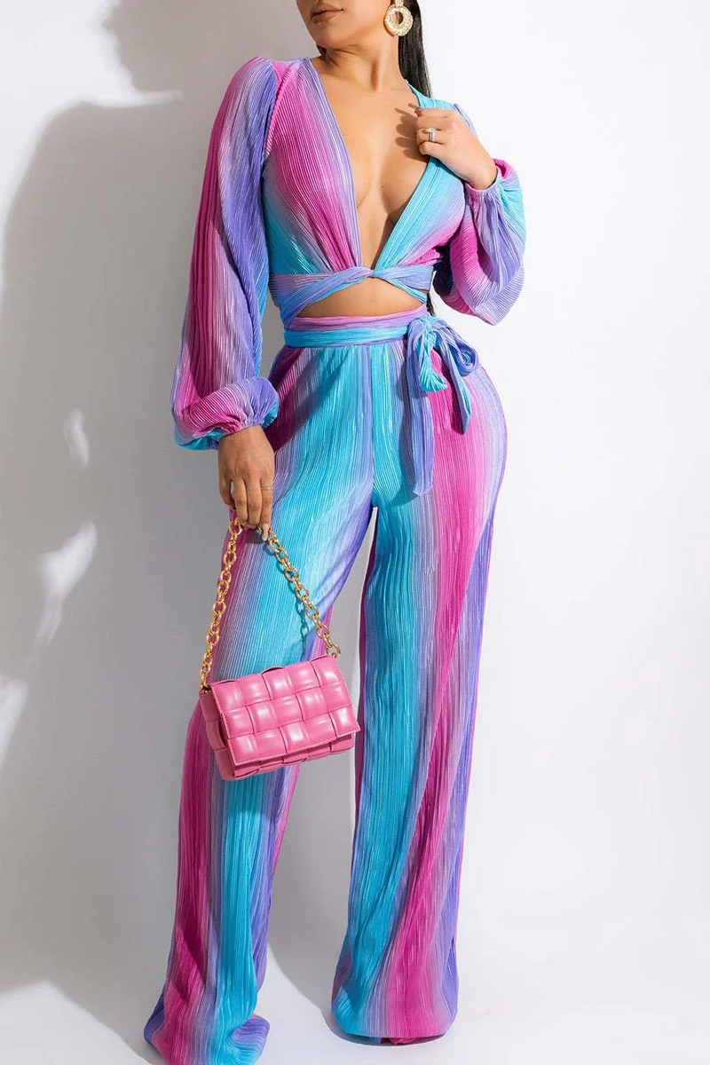 Multicolor Sexy Print Bandage Patchwork V Neck Long Sleeve Two Pieces | EGEMISS