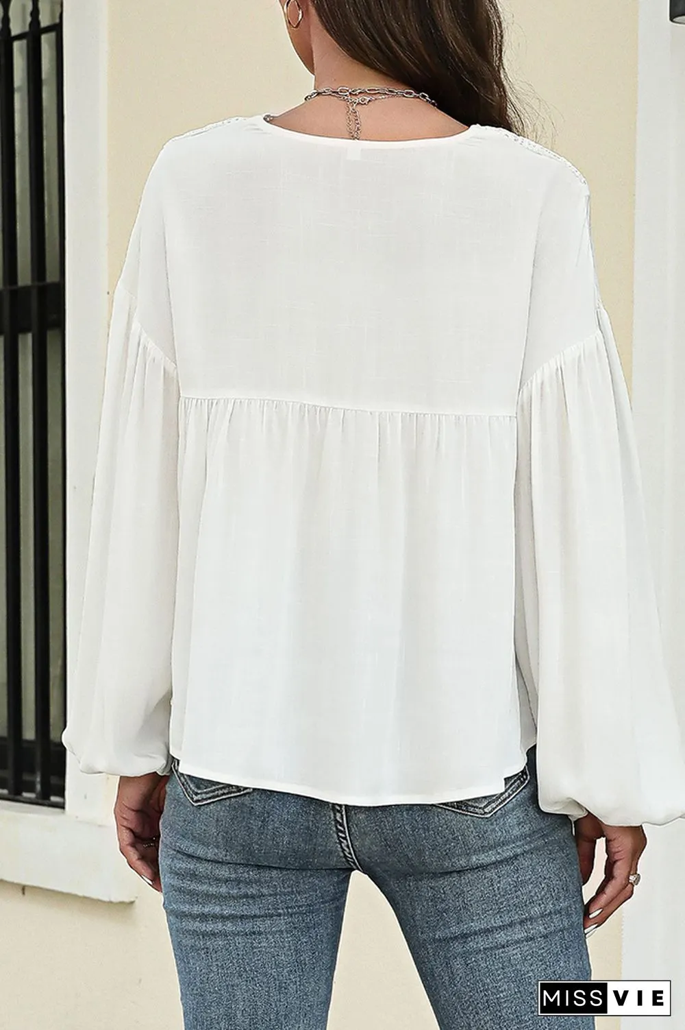 Lace Crochet Lantern Sleeves Chiffon Blouse