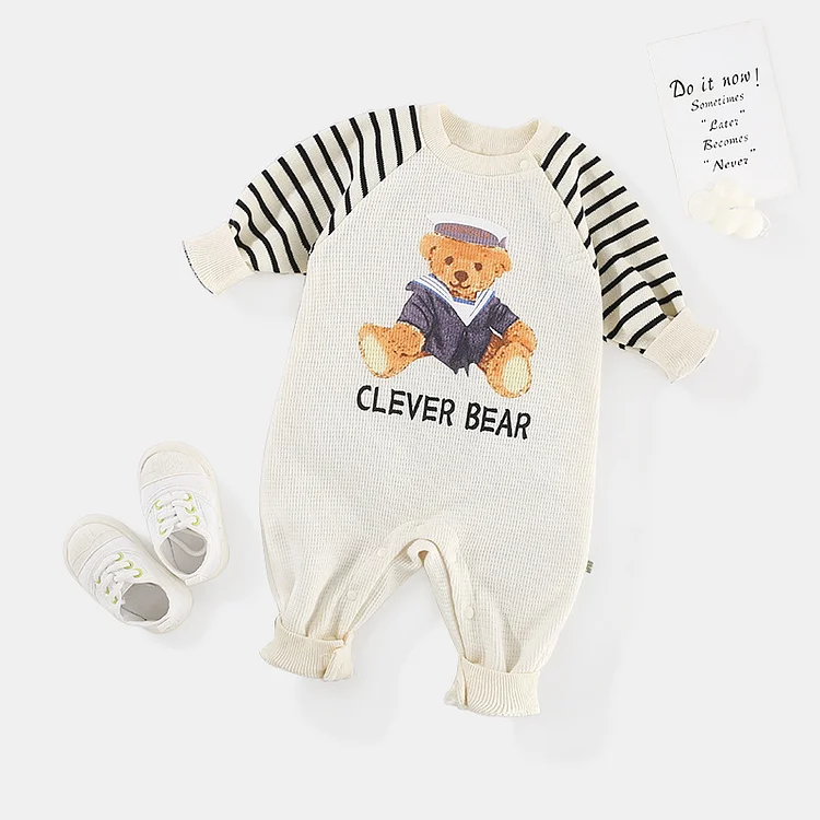 Baby Boy/Girl Bear & Letter Print Stripe Long Sleeve Romper