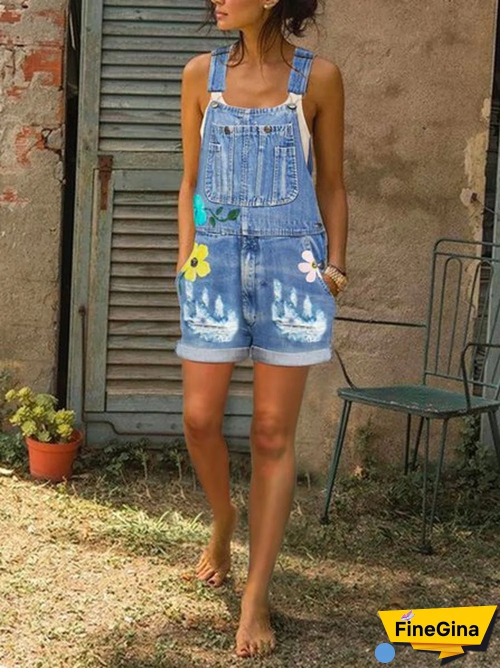 Floral Casual Jeans Sleeveless Pants Denim Overalls