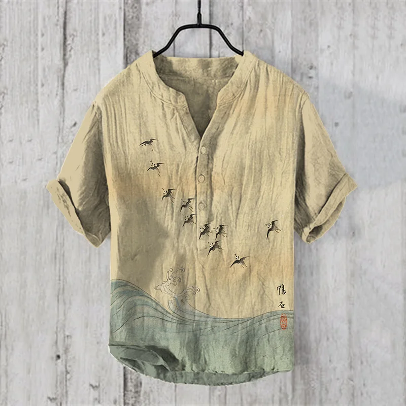 Men'sVintage Japanese Birds Waves Art Prints Linen Blend Shirt