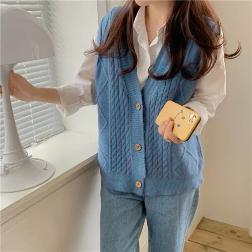 Women Sweater Vest Knitted Spring New Loose Lovely Gentle Elegant All-match V-neck Single Breasted Outwear Leisure Trendy Chic