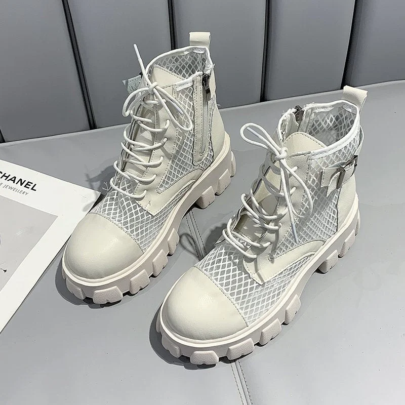 Classic Women Thick Bottom Black Mesh Summer Boots Round Toe Zipper Lace Up Platform Shoes Woman High Heels Ankle Botas