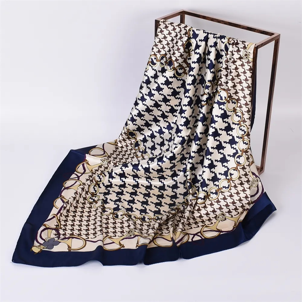 90cm*90cm Satin Big Houndstooth Printed Square Scarfs Navy-vocosishoes