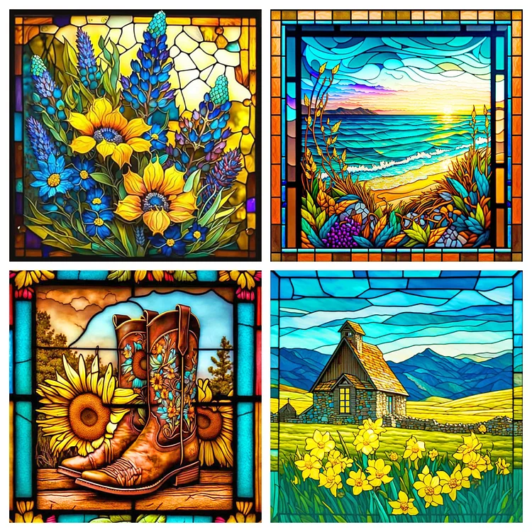 4pcs/Set Stained Glass Scenery - Full Round - Diamond Painting(30*30cm)